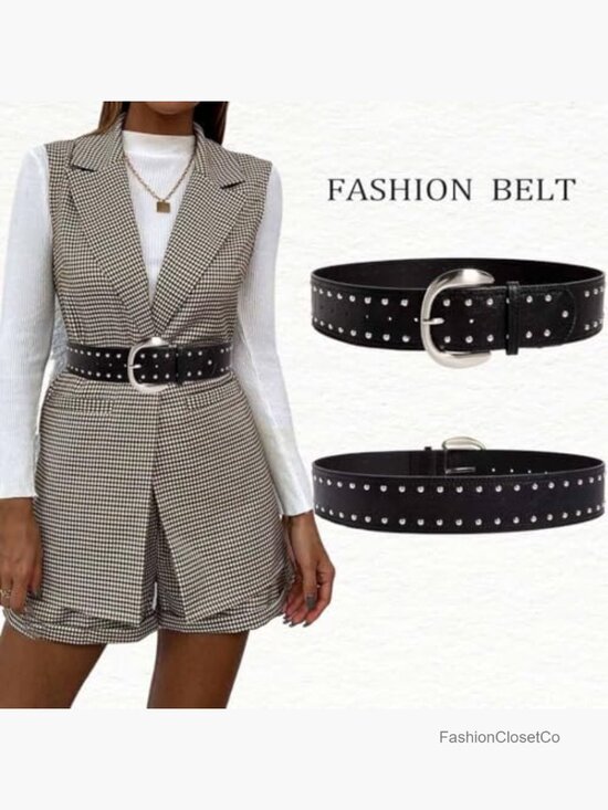 Wide Leather Belt with Rivet Studs for Dresses Punk Rock Cowgirl Chunky